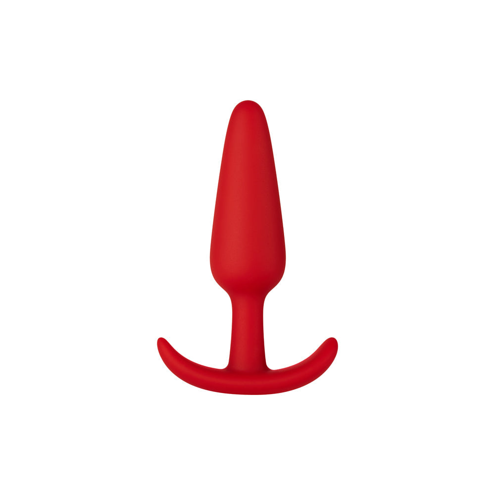 Forto F-31 Silicone Anal Plug Small Red, a sleek tapered silicone plug with a flared base for comfort and versatility.