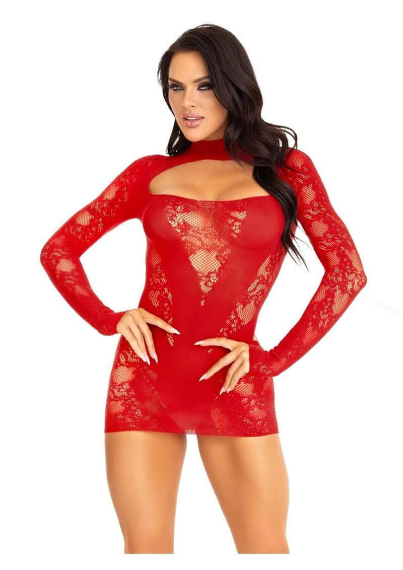Leg Avenue Lace Keyhole Mini Dress OS Red showcasing a bold design with a keyhole neckline and glove-style sleeves.