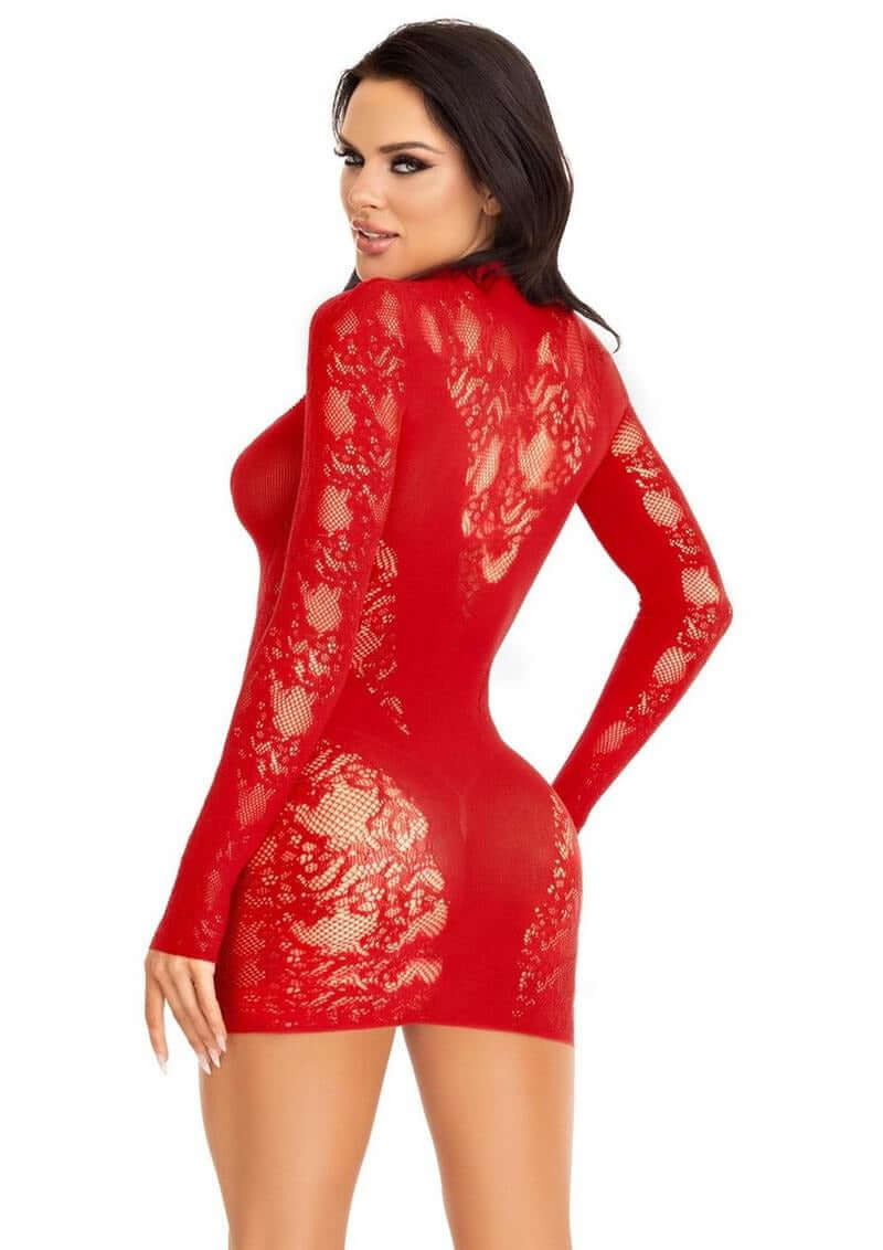 Leg Avenue Lace Keyhole Mini Dress OS Red with long sleeves and keyhole back detail in bold red color.