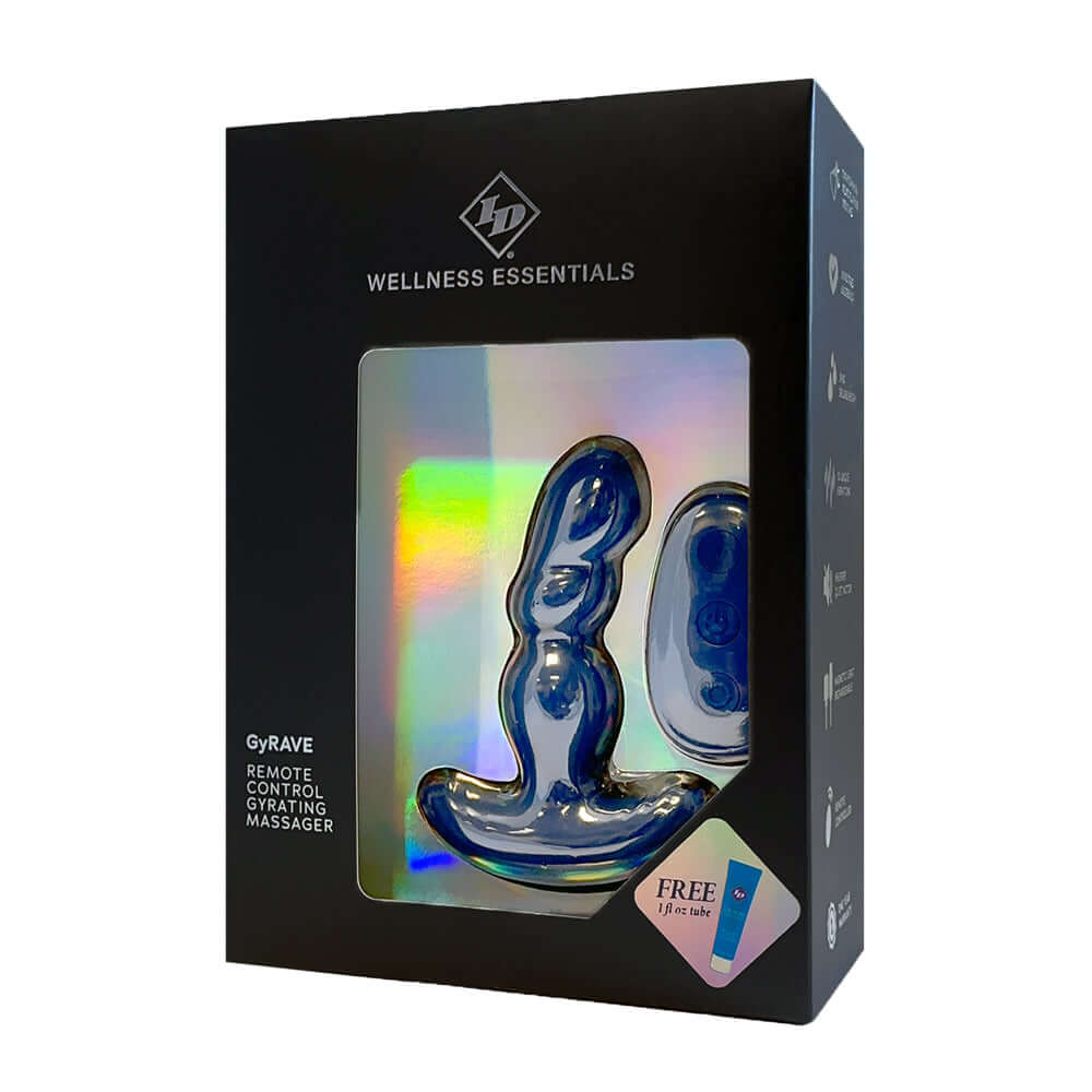 Id Gyrave Remote Control Gyrating Massager packaging featuring a blue massager and remote control.