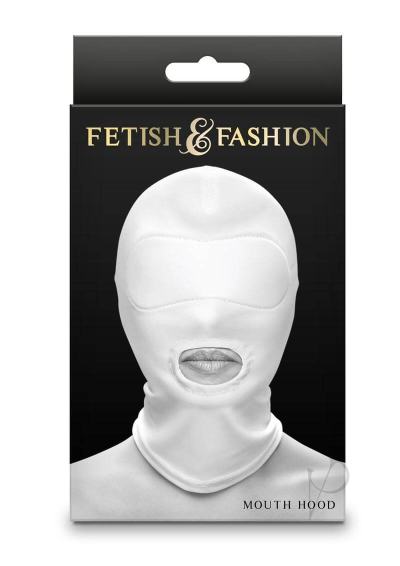 Fetish and Fashion Mouth Hood White packaging showcasing a sleek, minimalist design with mouth exposure.