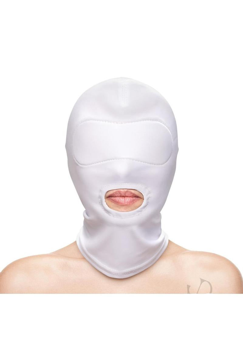 Fetish and Fashion Mouth Hood White, sleek design with mouth exposed, perfect for costume and themed collections.