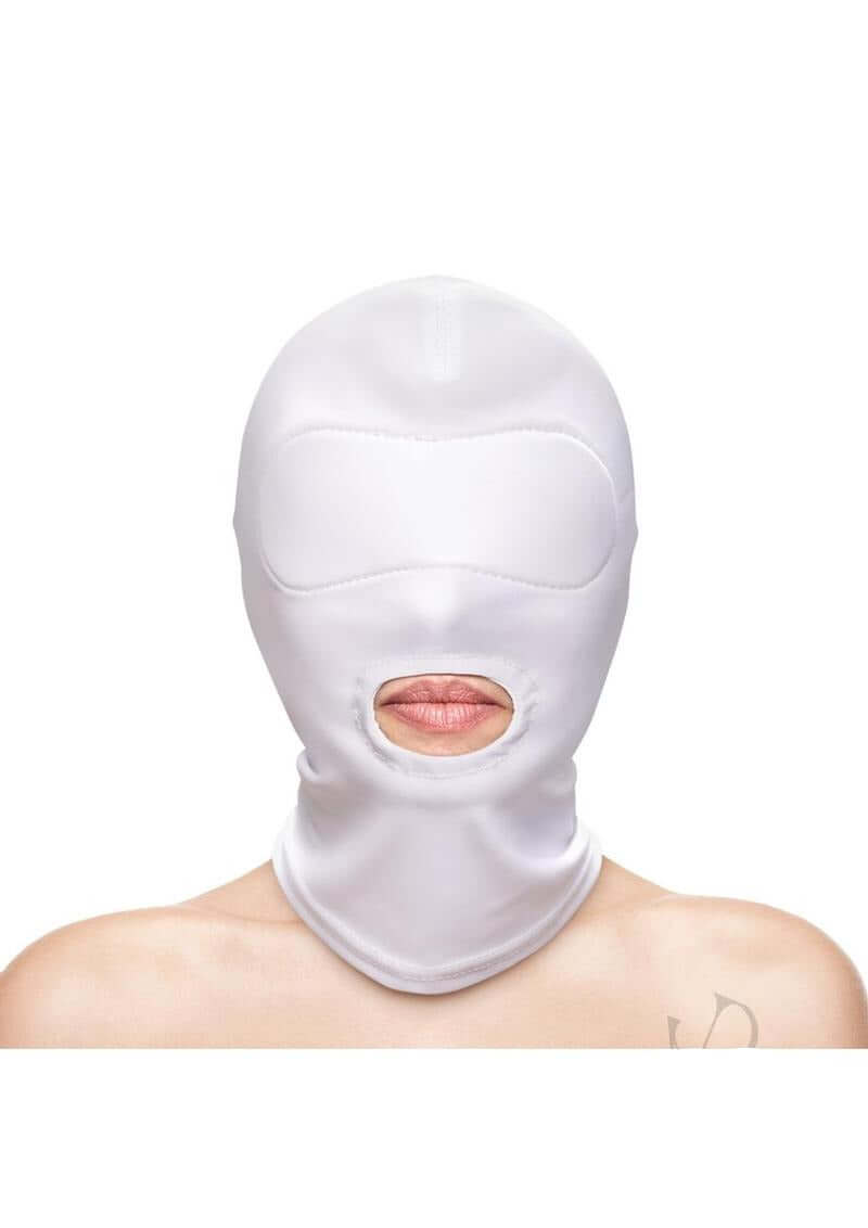 Fetish and Fashion Mouth Hood White, sleek design with mouth exposed, perfect for costume and themed collections.