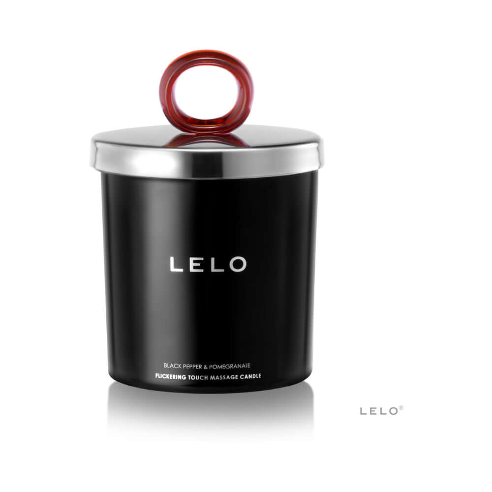 Lelo Massage Candle Black Pepper & Pomegranate Scent in elegant packaging with a red handle.