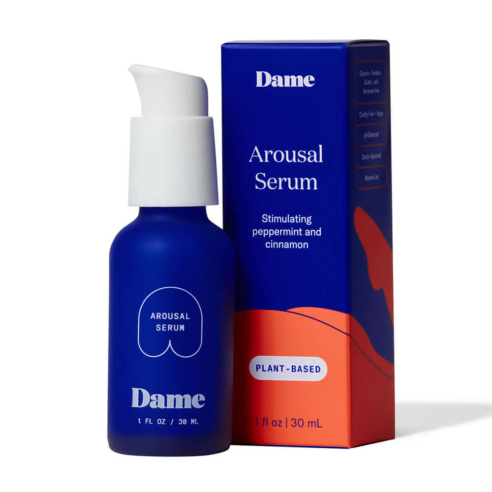 Dame Arousal Serum Peppermint & Cinnamon 1 Oz bottle with packaging showing stimulating ingredients.