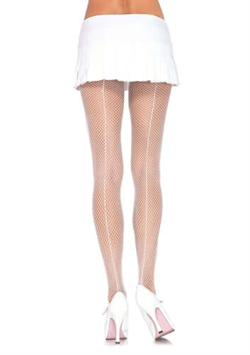 Leg Avenue Fishnet Backseam Pantyhose One Size White worn with a short white skirt and high heels from the back.
