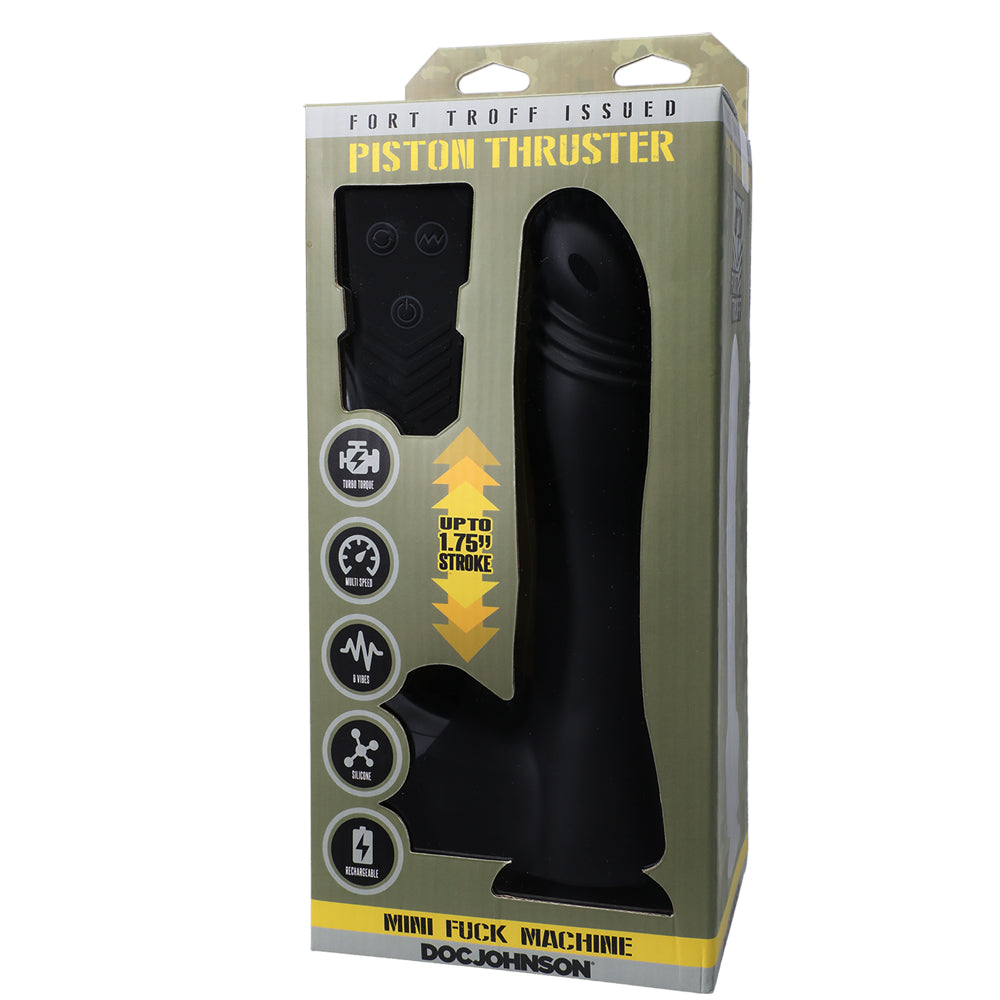 Fort Troff Piston Thruster Mini Fuck Machine With Remote Black in packaging showcasing features and design.