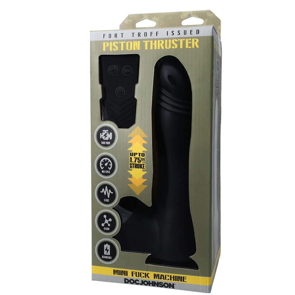 Fort Troff Piston Thruster Mini Fuck Machine With Remote Black in packaging showcasing features and design.