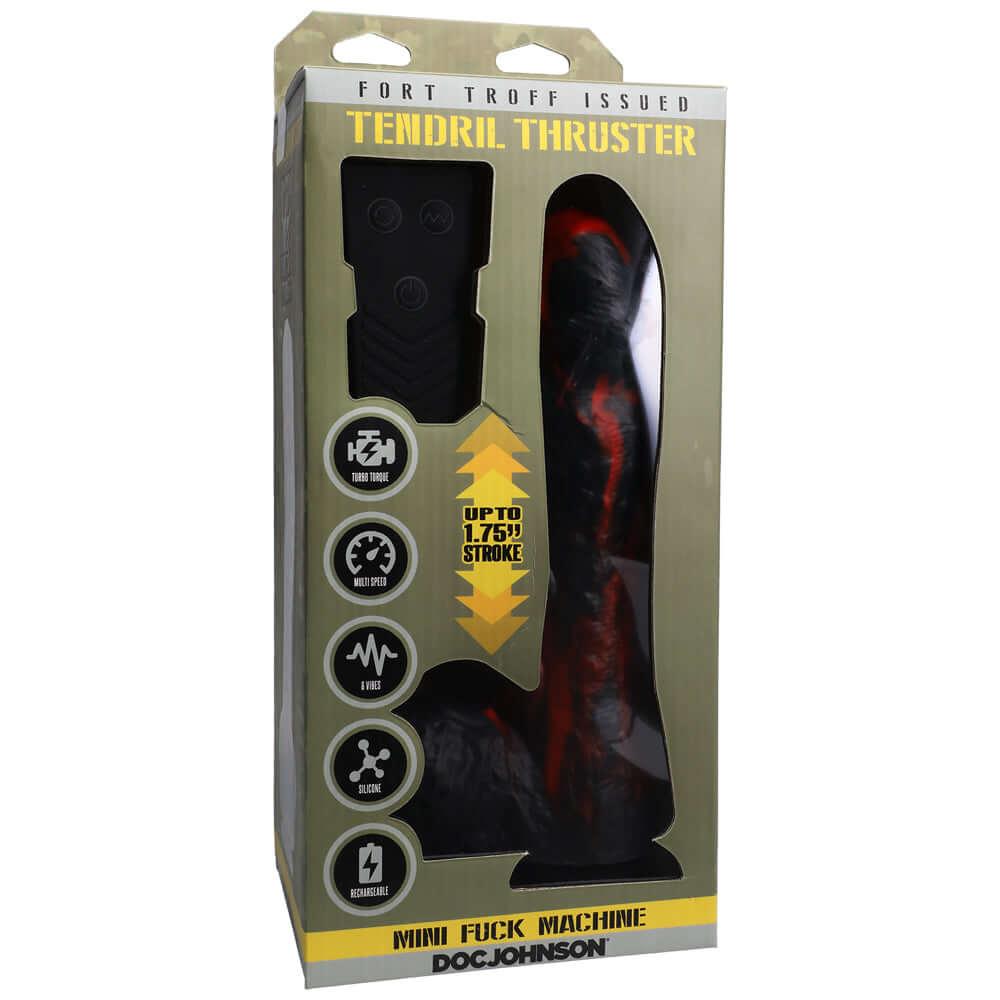 Fort Troff Tendril Thruster Mini Fuck Machine With Remote Red Black packaging with features and remote control.