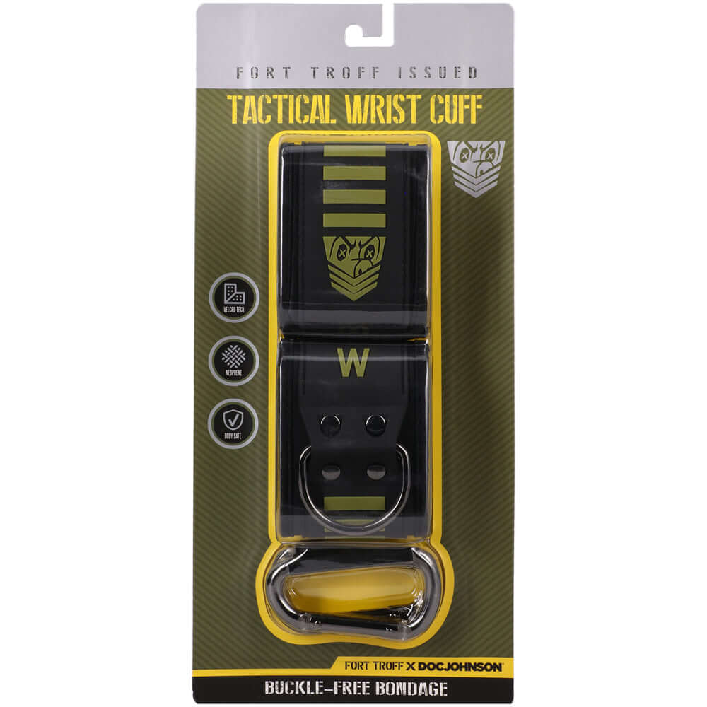 Fort Troff Tactical Wrist Cuffs Black Green packaging showing buckle-free design and durable materials.