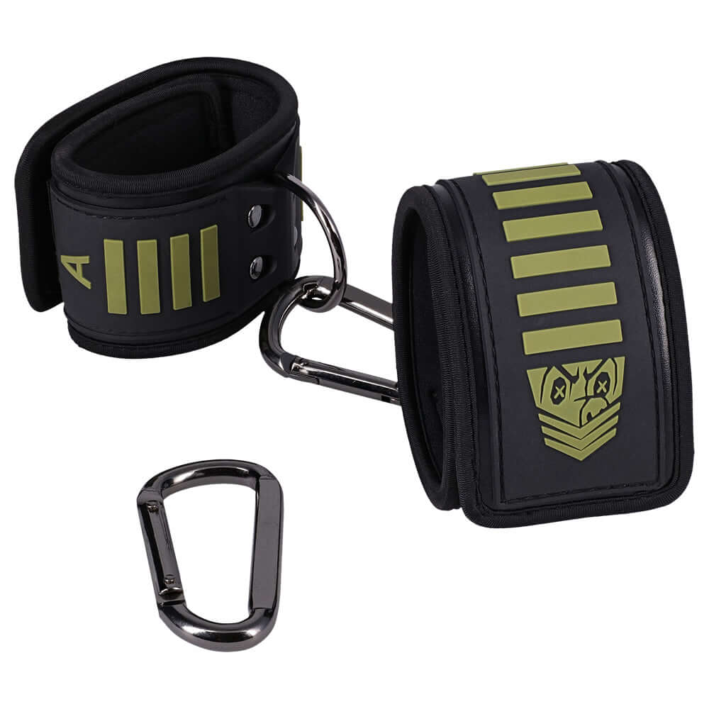 Fort Troff Tactical Ankle Cuffs Black Green with carabiner and hook-and-loop fastening technology.