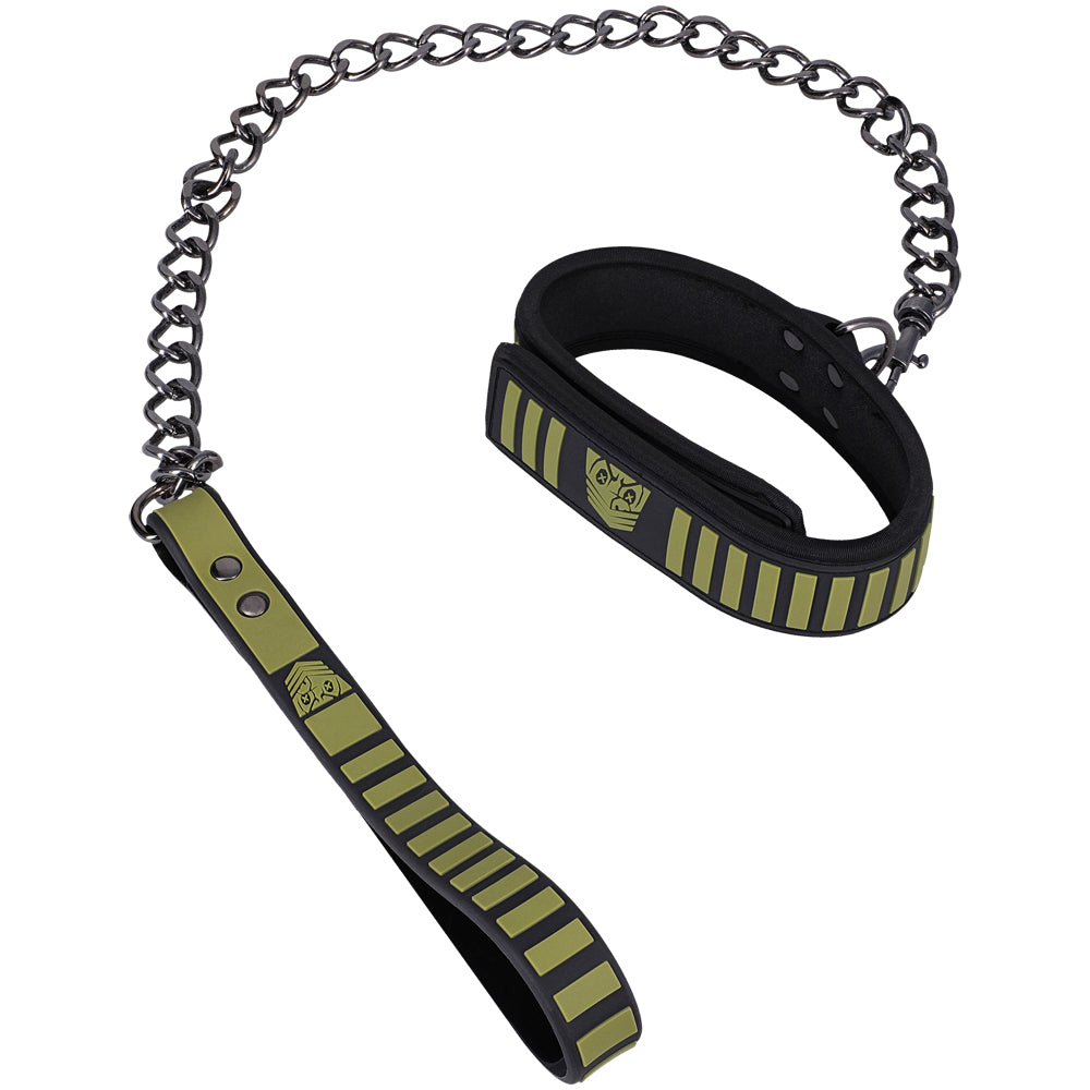 Fort Troff Tactical Collar & Leash Black Green featuring chain leash and cushioned collar with Velcro® technology.