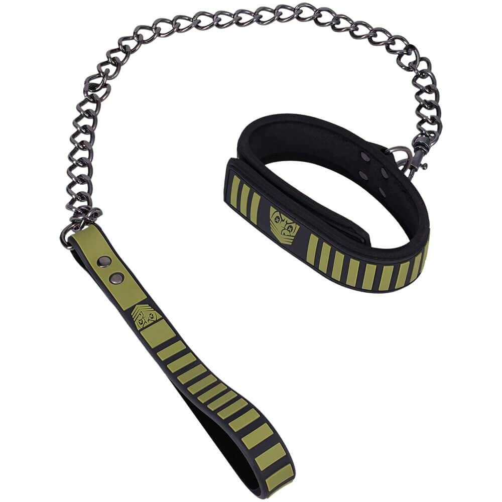 Fort Troff Tactical Collar & Leash Black Green featuring chain leash and cushioned collar with Velcro® technology.