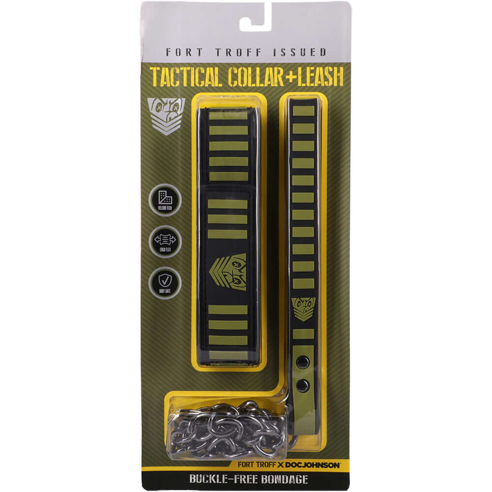 Fort Troff Tactical Collar & Leash Black Green packaging featuring tactical design and buckle-free construction.