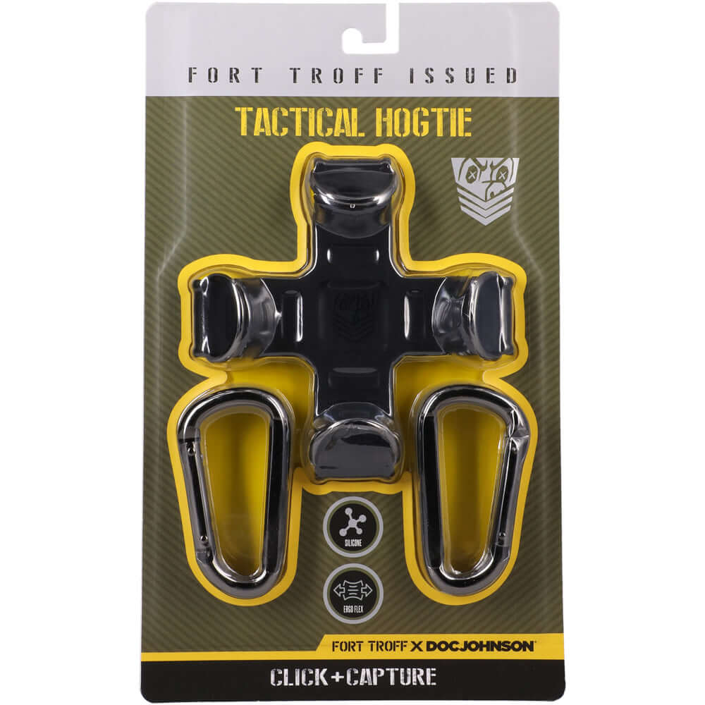 Fort Troff Tactical Hogtie Black packaging showcasing durable restraint design and sturdy steel D-rings.