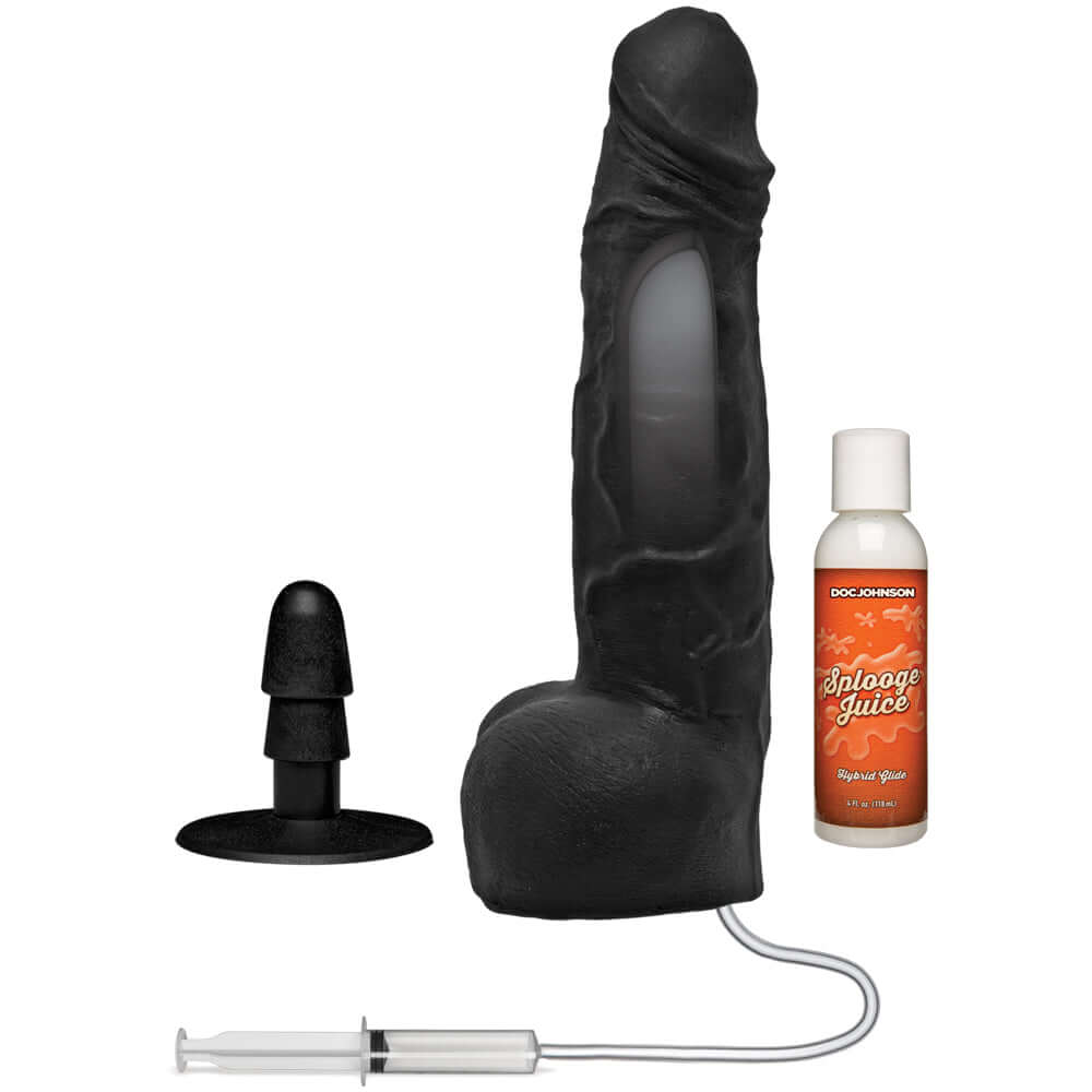 Merci Squirting Cumplay Cock 10 inch Vac-u-lock Black with fluid dispenser and accessories.