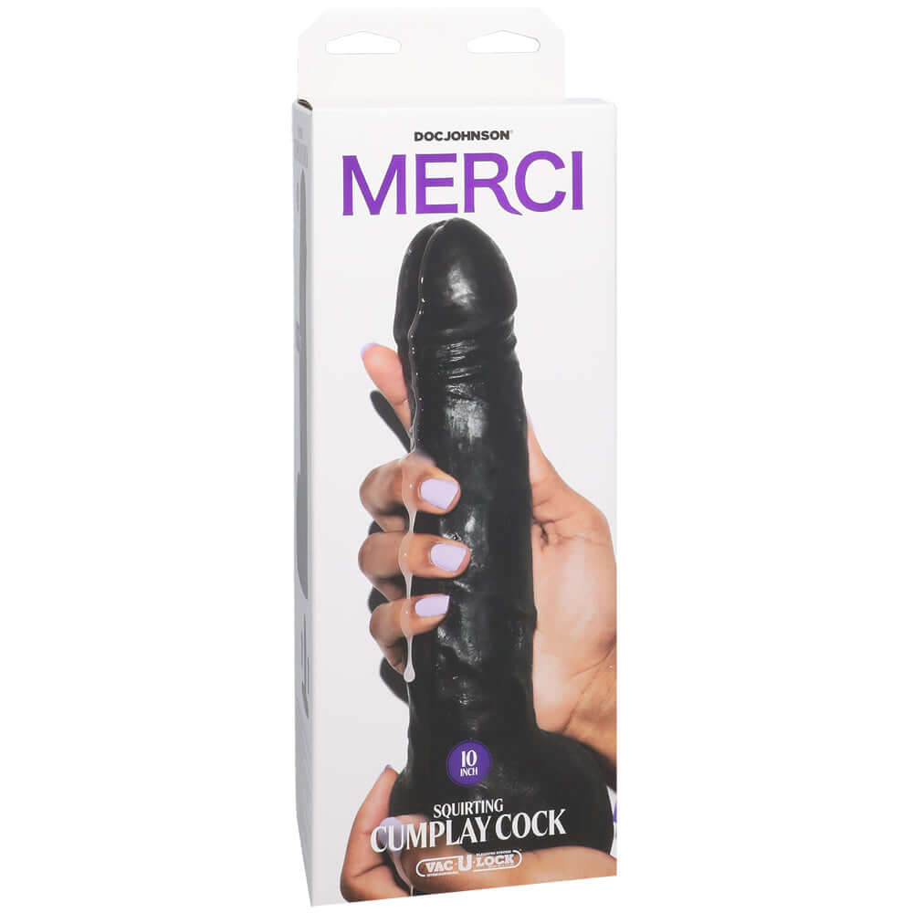 Merci Squirting Cumplay Cock 10 inch Vac-u-lock Black in packaging, showcasing realism and versatility.