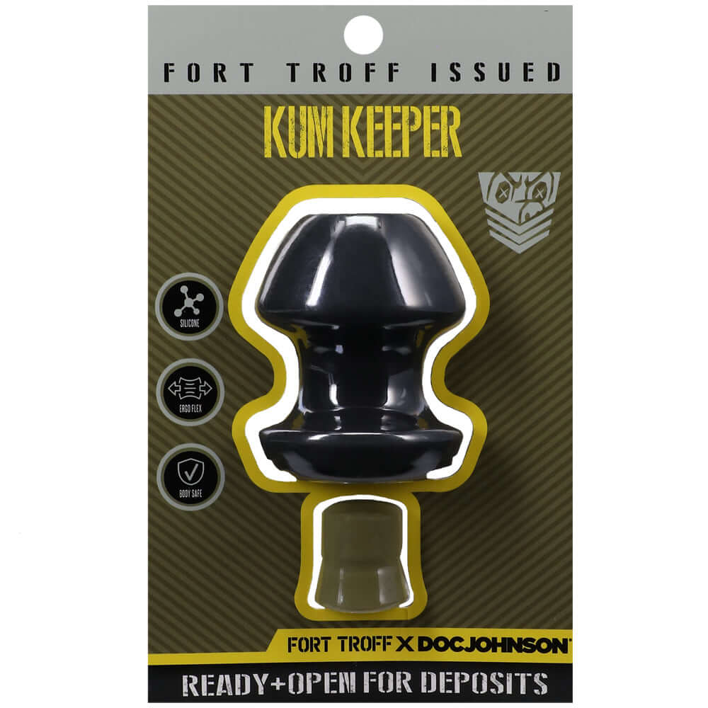 Fort Troff Kum Keeper Medium Black silicone plug packaging with removable stopper and classic grommet-style shape.