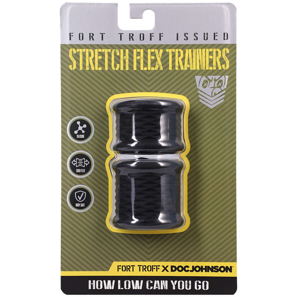 Fort Troff Stretch Flex Trainers Black packaging, showcasing ergonomic design and features for progressive stretching.