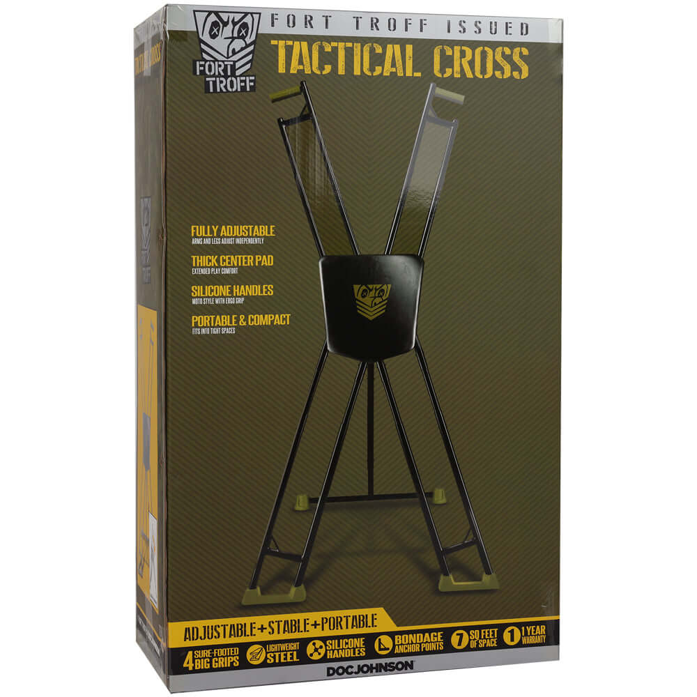 Fort Troff Tactical Cross Black Green packaging showcasing adjustable, stable, and portable design with silicone handles.
