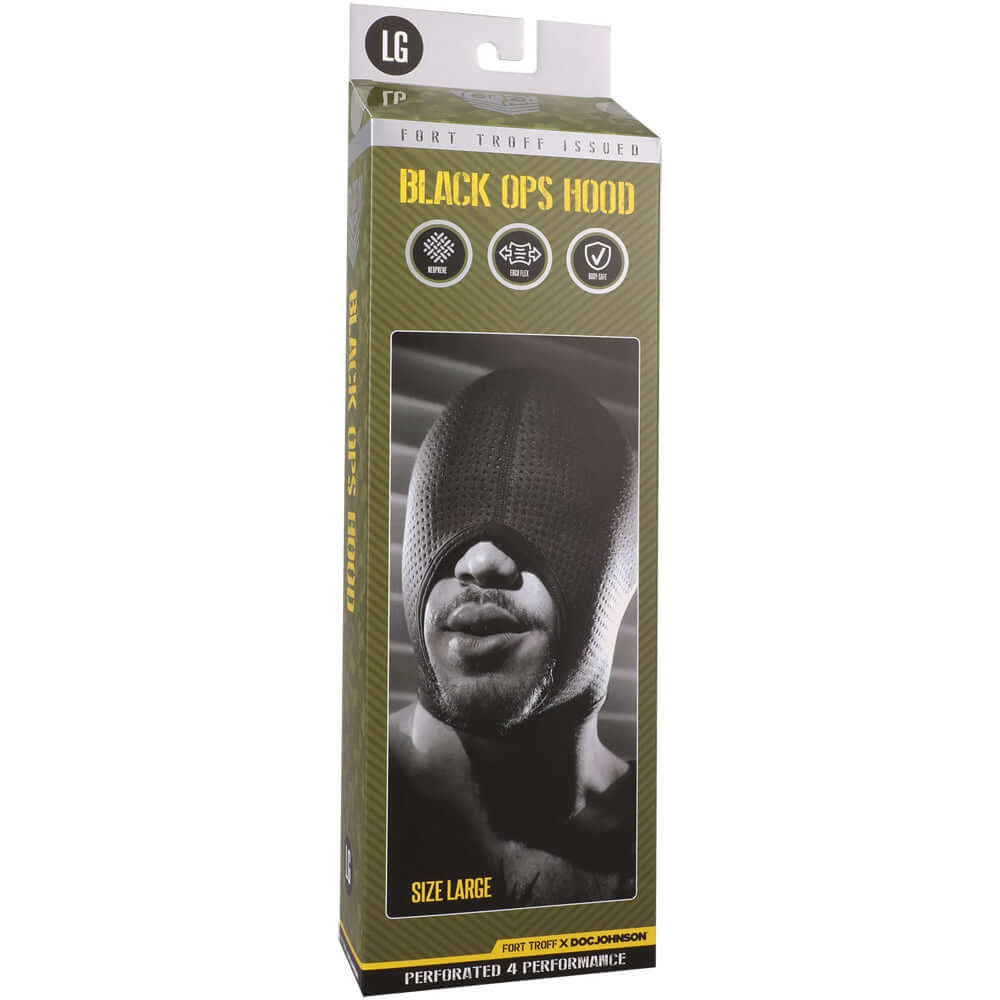 Fort Troff Black Ops Hood Large Black packaging showcasing its perforated neoprene design and tactical features.