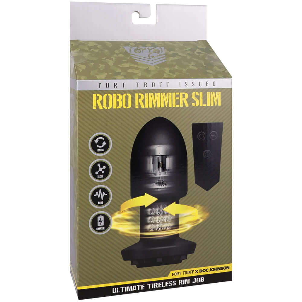 Fort Troff Robo Rimmer Slim With Wireless Remote Black packaging featuring product and remote controls.