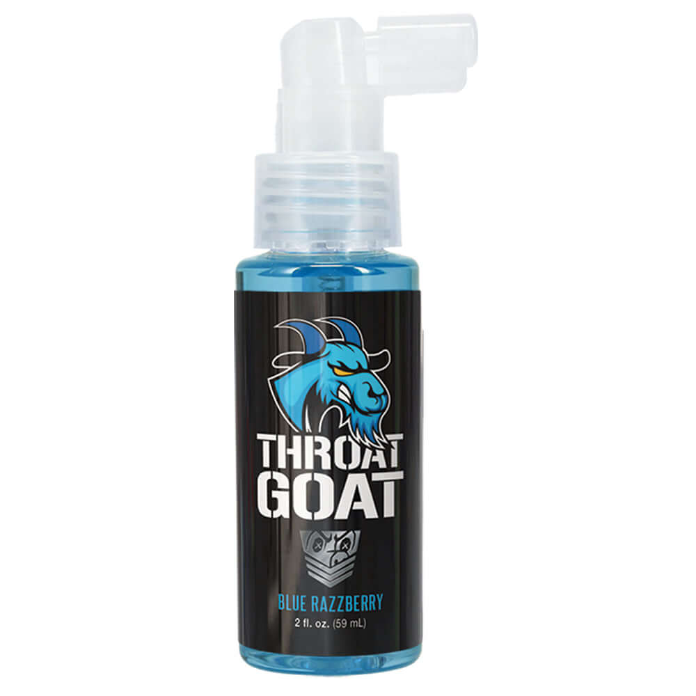 Fort Troff Throat Goat Oral Numbing Spray Blue Razzberry 2 Oz bottle with sprayer top.