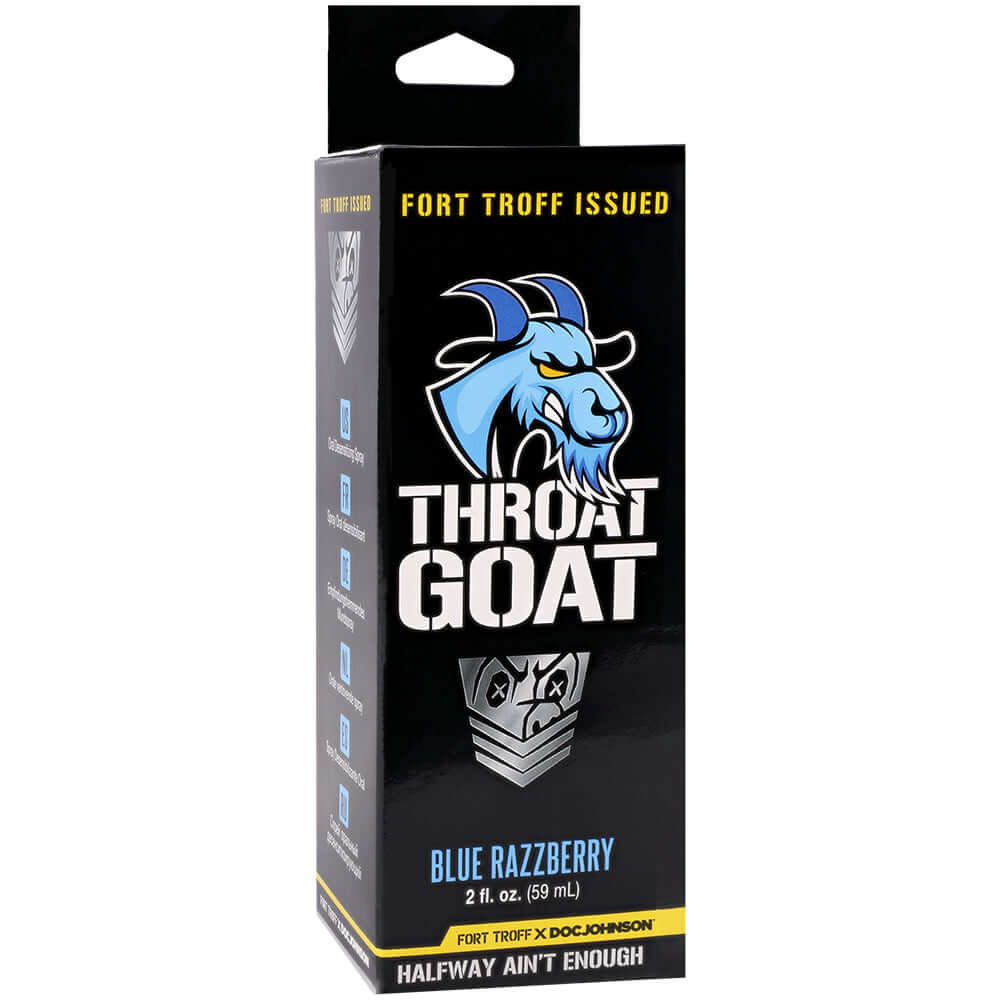 Fort Troff Throat Goat Oral Numbing Spray Blue Razzberry 2 Oz packaging with colorful graphics.