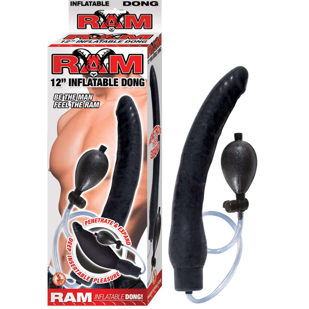 Ram 12 inches Inflatable Dong Black with packaging and inflatable pump for customizable pleasure.