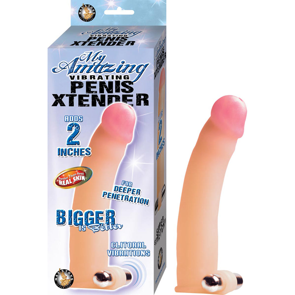 Alt Tag: Nasstoys My Amazing Vibrating Penis Xtender White box and product featuring 2 inches of added length and vibrations.