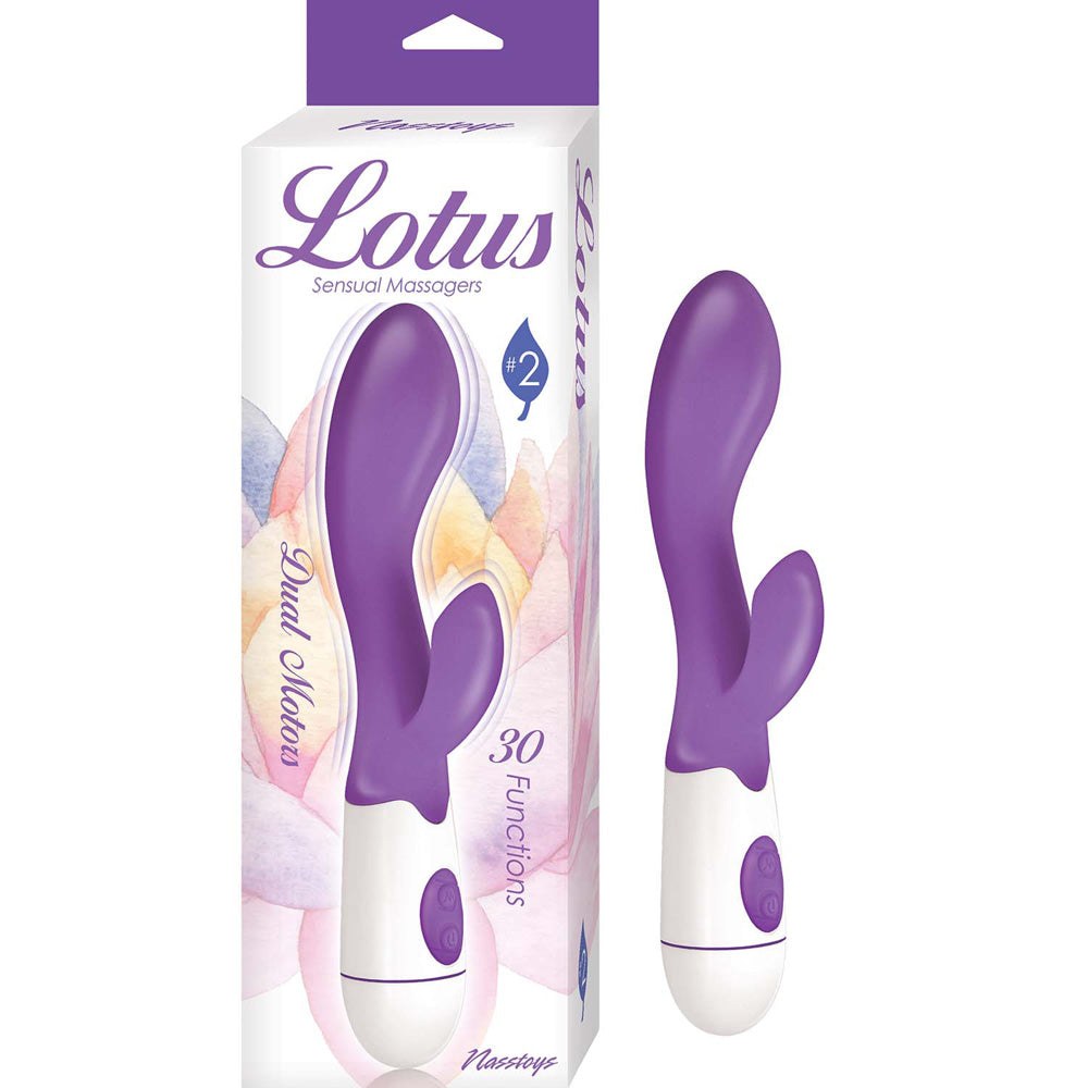 Lotus Sensual Massagers #2 Rabbit Vibrator Purple with dual motors and 30 functions in a stylish package.