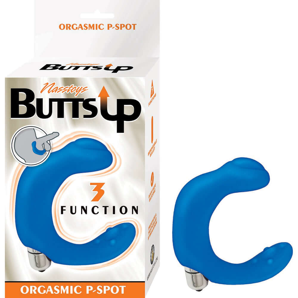 Butts Up Orgasmic P-spot Blue vibrating stimulator with packaging and ergonomic shape.