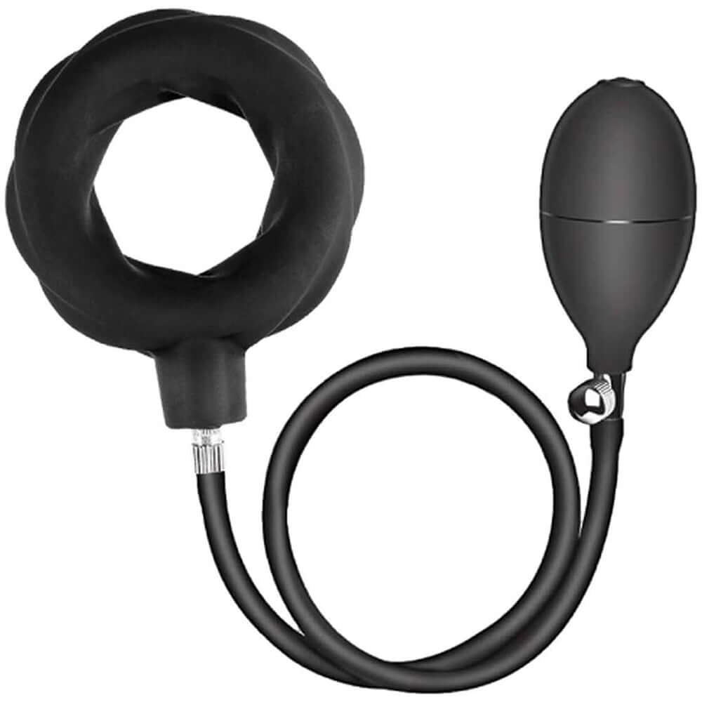 Atomic Inflatable Cockring Black with hand pump for adjustable tightness and customizable comfort.