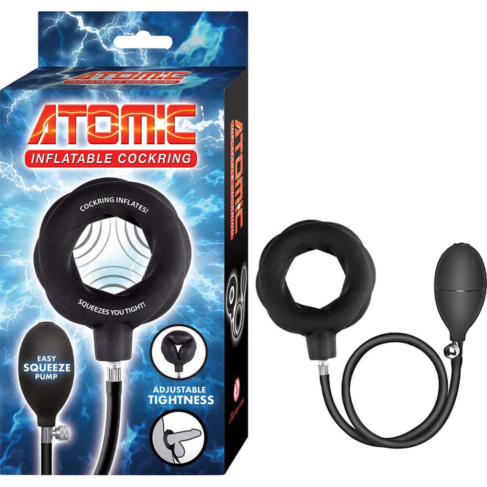 Atomic Inflatable Cockring Black with packaging, adjustable tightness, and hand pump for customizable support.