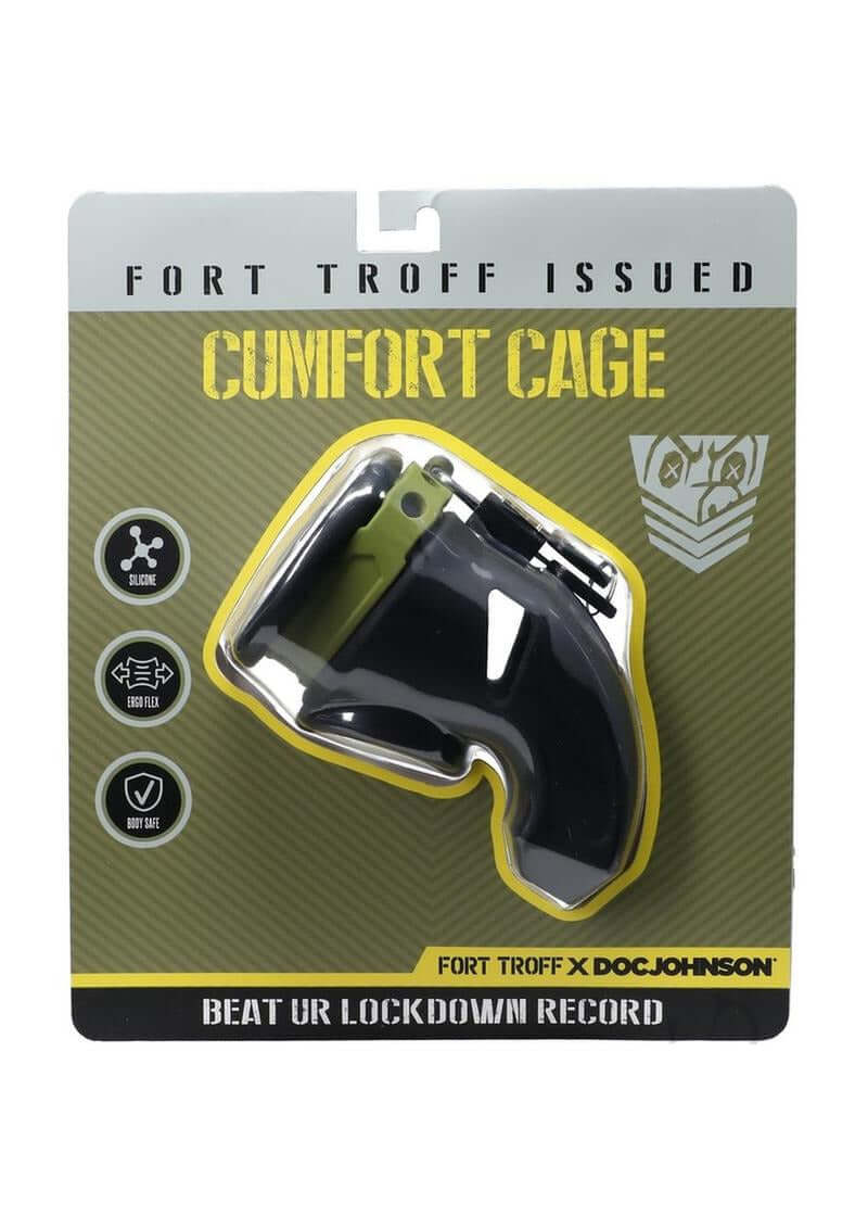 Fort Troff Silicone CUMfort Cage Black packaging featuring modern design and branding.