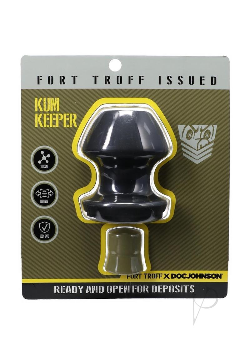 Fort Troff Kum Keeper Silicone Open End Anal Plug Large packaging showing product features and branding.