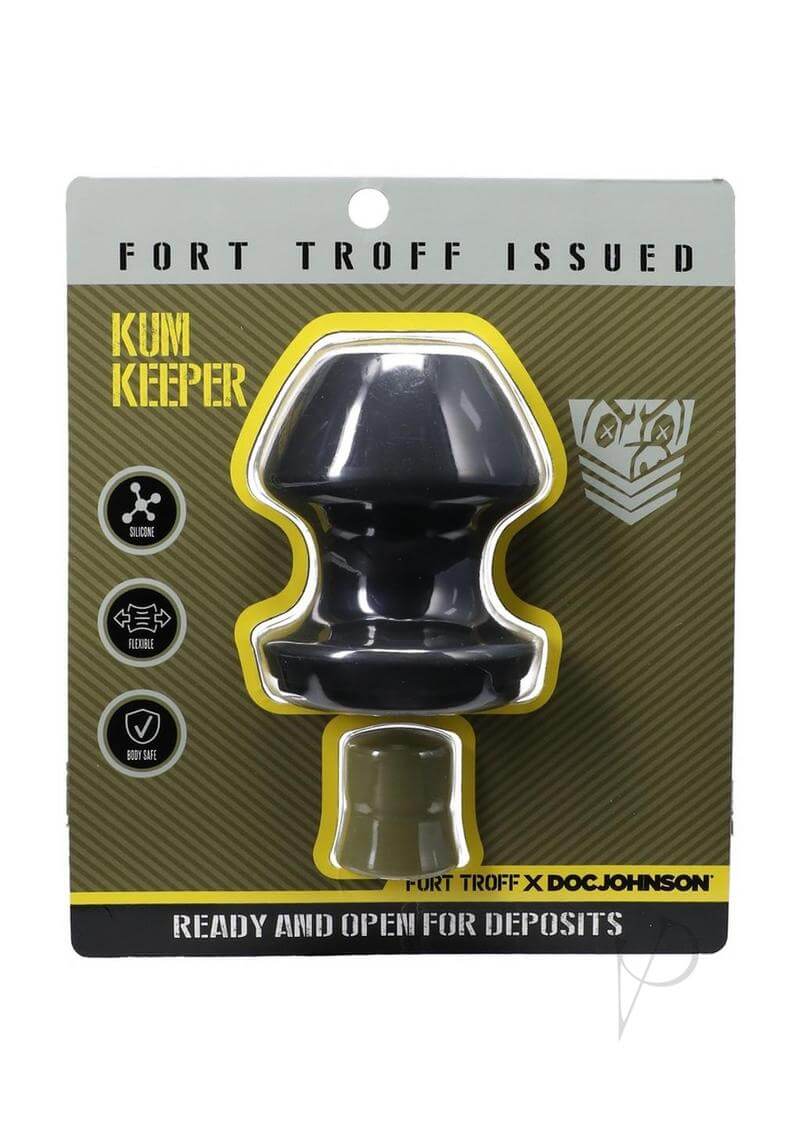 Fort Troff Kum Keeper Silicone Open End Anal Plug Large packaging showing product features and branding.