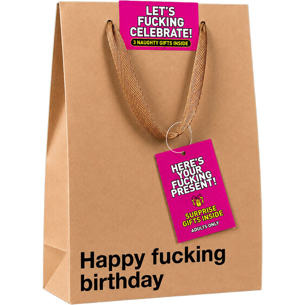 Wood Rocket Let's Fucking Celebrate Present Gift Bag with humorous tags for bold gift giving.