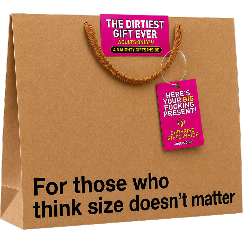 The Dirtiest Gift Ever Big Present Gag Gift with fun tags for adult humor and surprise gifts inside.