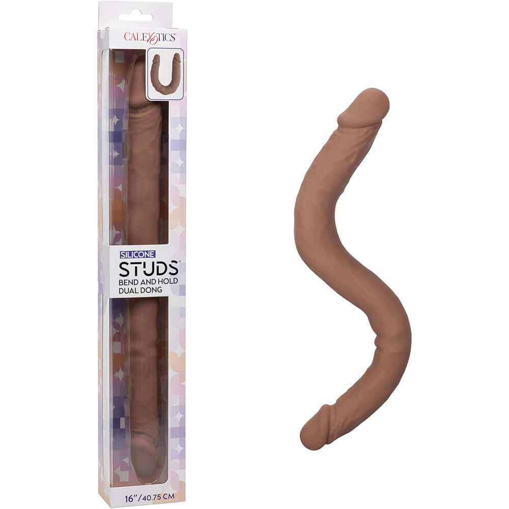 Silicone Studs Bend & Hold Dual Dong 16 Inch Brown in packaging and shown outside, designed for versatile pleasure.