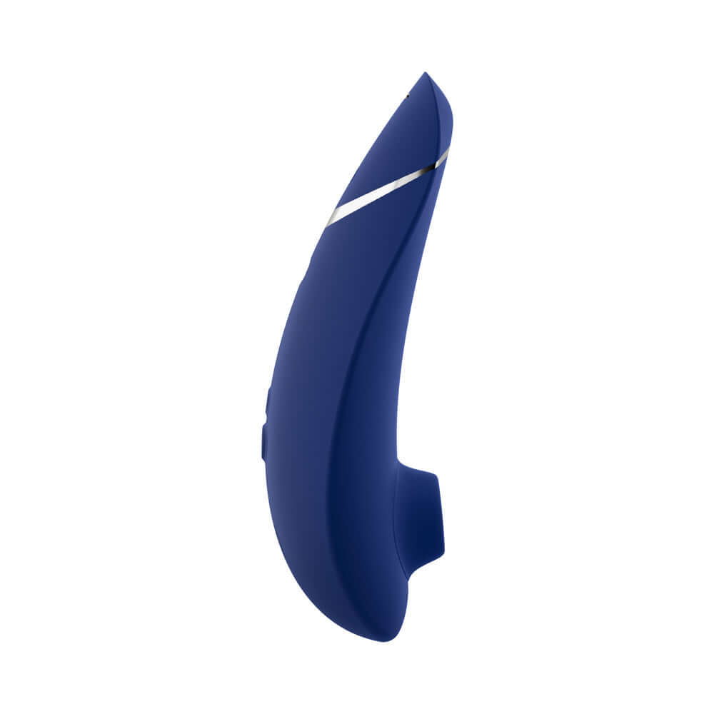 Womanizer Premium 2 Pleasure Air Clitoral Stimulator Blueberry shown in sleek blueberry color from the side.