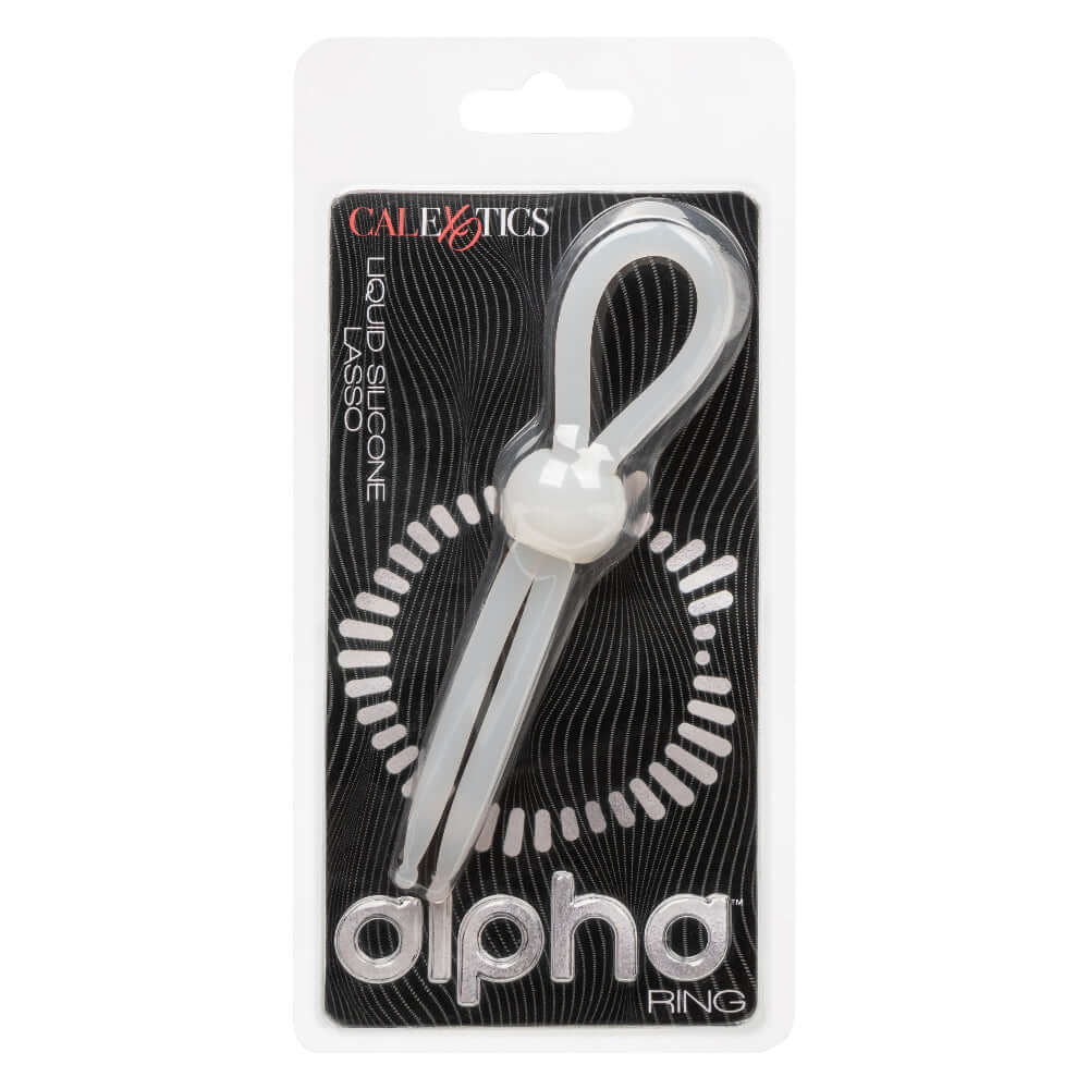 Packaging of the Alpha Liquid Silicone Lasso shows adjustable and stretchy intimate enhancer in natural color.