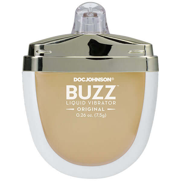 Buzz Liquid Vibrator Intimate Arousal Gel 0.26 Oz in sleek packaging with gold accents and a clear cap.