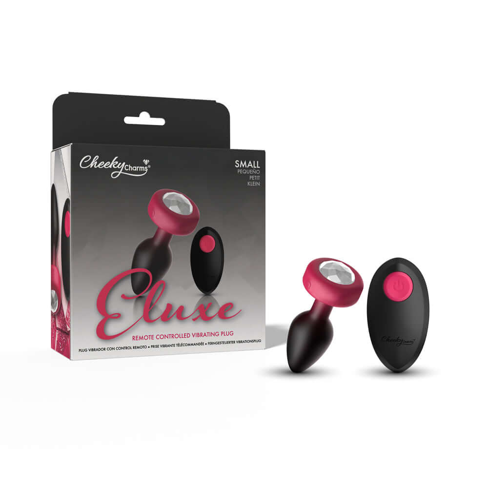Cheeky Charms Eluxe Vibrating Anal Plug Small Ruby with remote control packaging and product view.