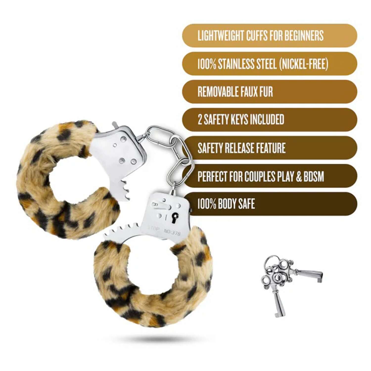 Temptasia Beginner Cuffs Leopard featuring stainless steel with removable faux fur, safety keys, and a safety release lever for comfortable bondage play.