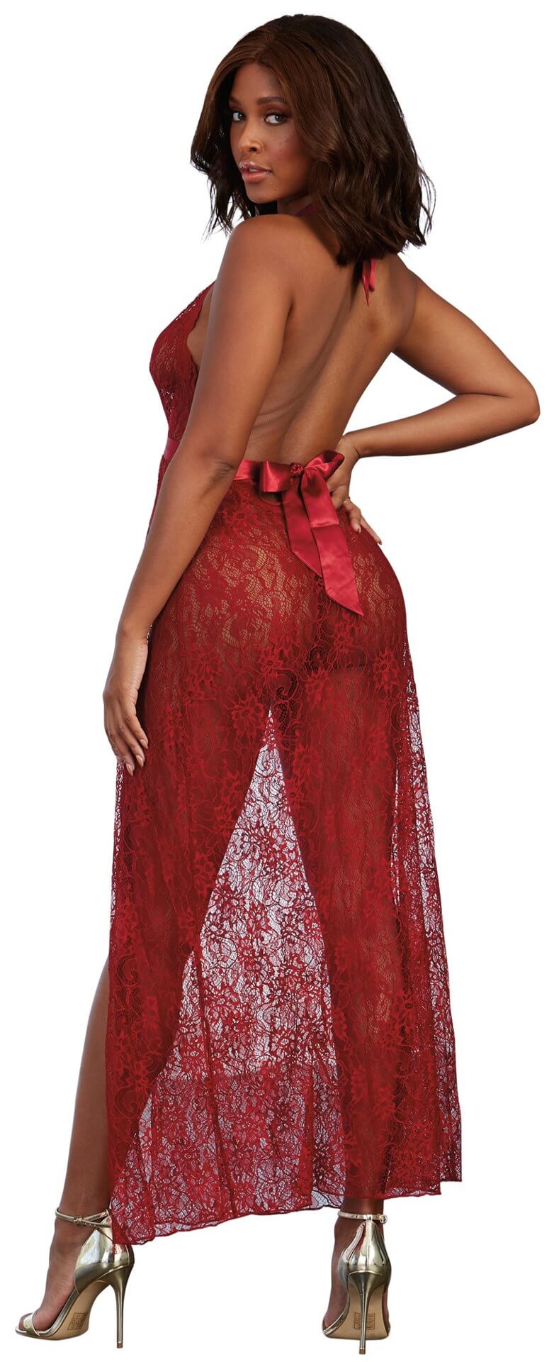 Dreamgirl Gown G-String Medium Garnet showcasing a glamorous long lace gown with a flowing silhouette.