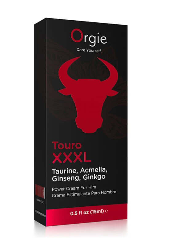 Orgie Touro Xxxl Power Cream for Him 15 ml packaging featuring bull logo and botanical ingredients.