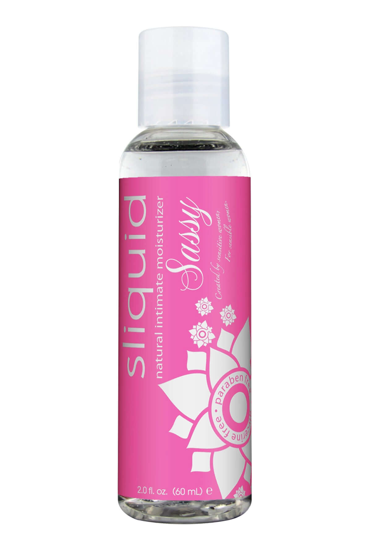 Sliquid Naturals Sassy Lubricant 2 Oz bottle with pink label and floral design, ultra-thick water-based lubricant.