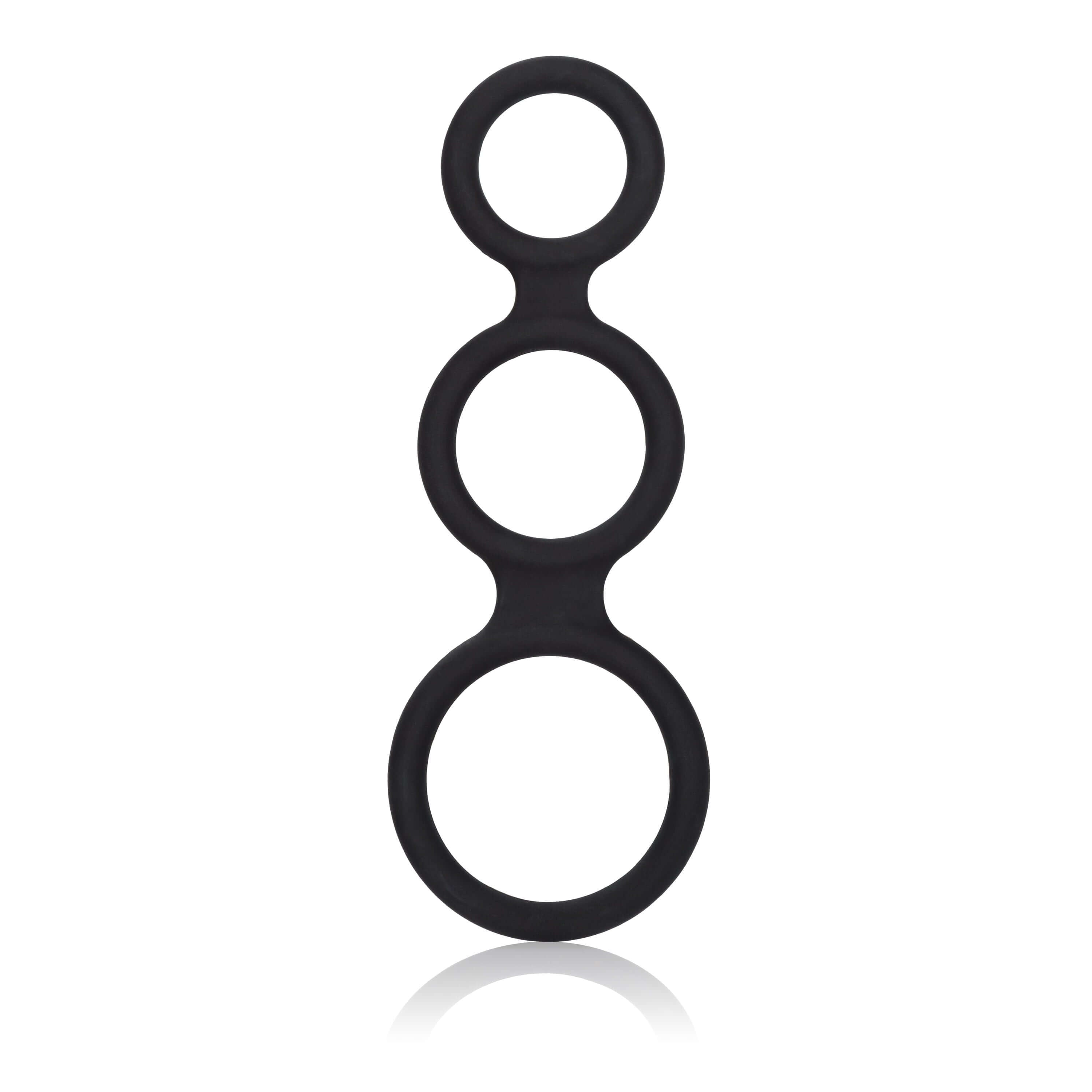 Maximizer Enhancer Silicone Cock Ring Black, triple-ring design for support and stamina, made from soft silicone.