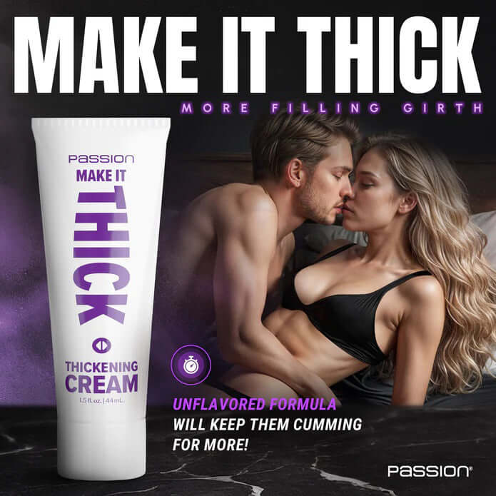 Make It Thick Thickening Cream 1.5 Oz displayed with couple enjoying intimate moments.